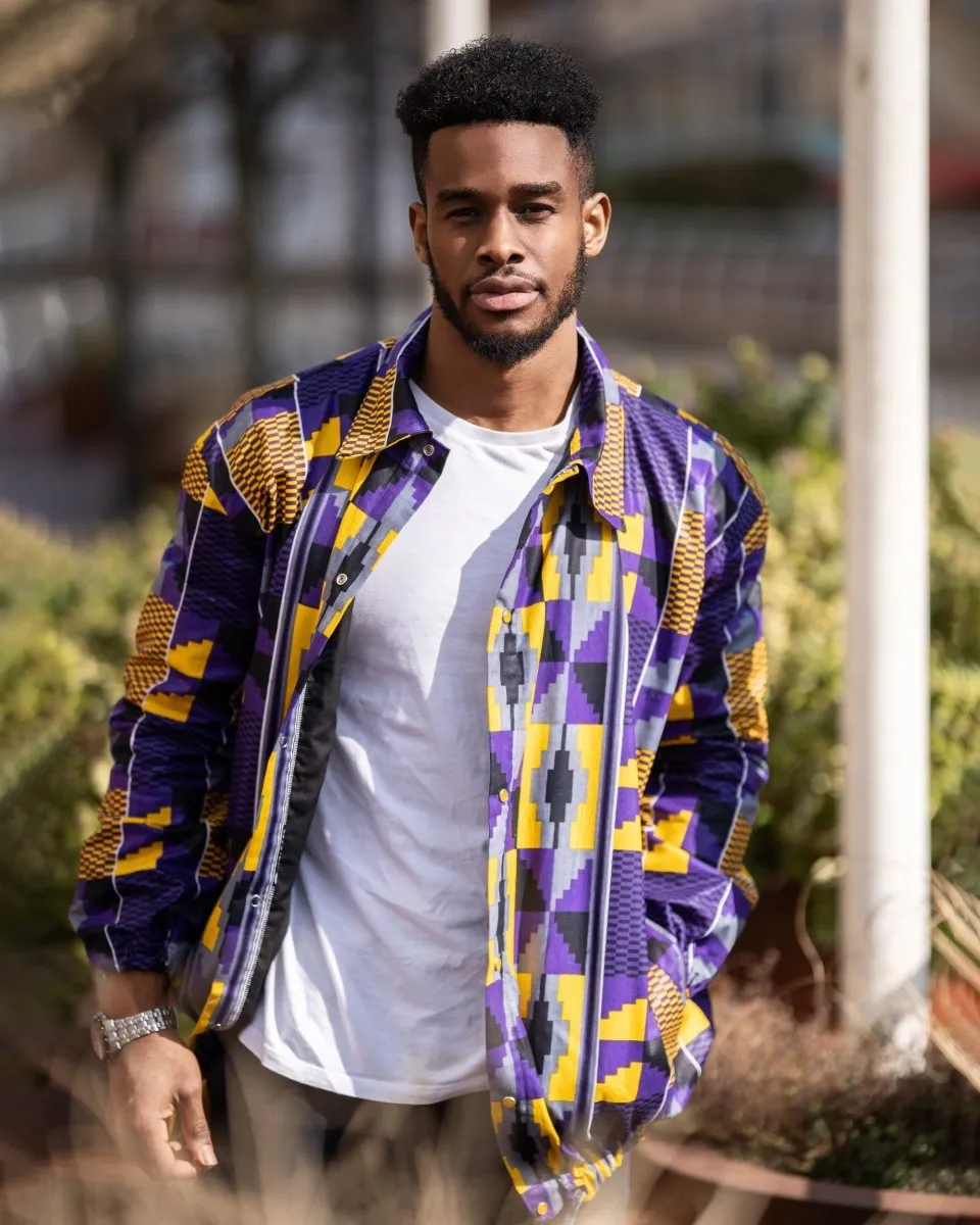 African Puffer Jacket In Purple Kente