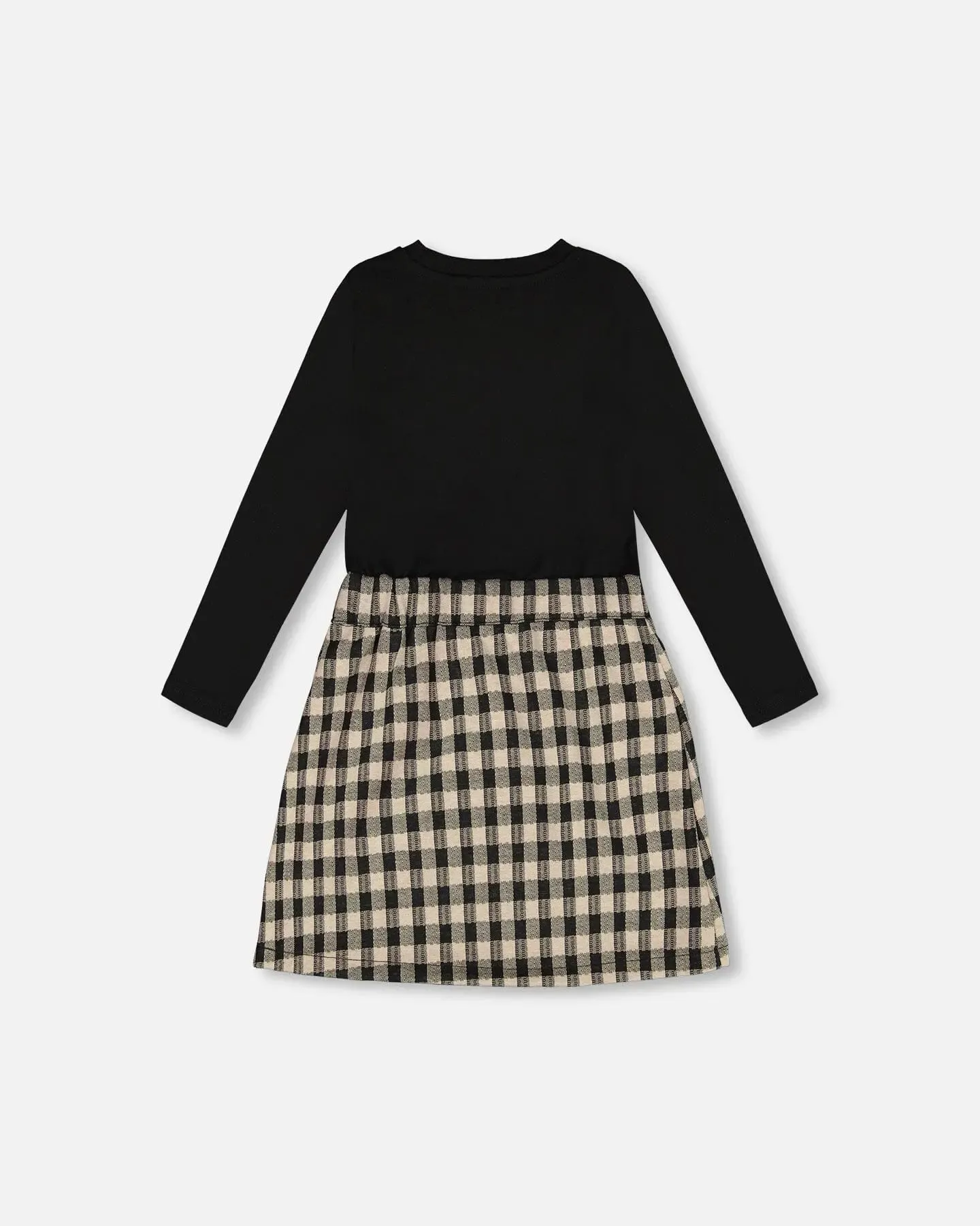 Bi-Material Dress With Bow Plaid Black And Beige