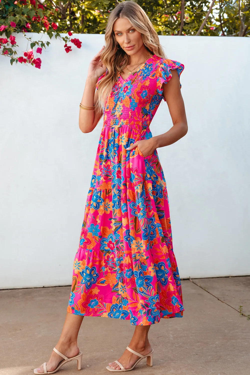 Boho Floral Ruffle Tiered Long Dress