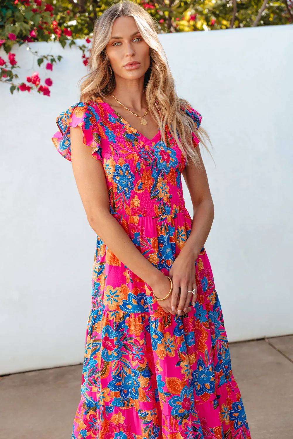 Boho Floral Ruffle Tiered Long Dress