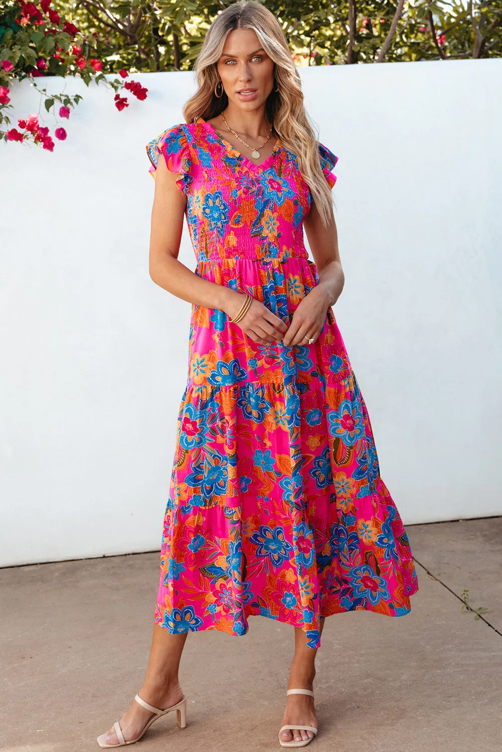 Boho Floral Ruffle Tiered Long Dress