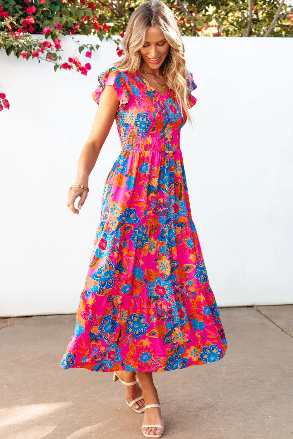 Boho Floral Ruffle Tiered Long Dress