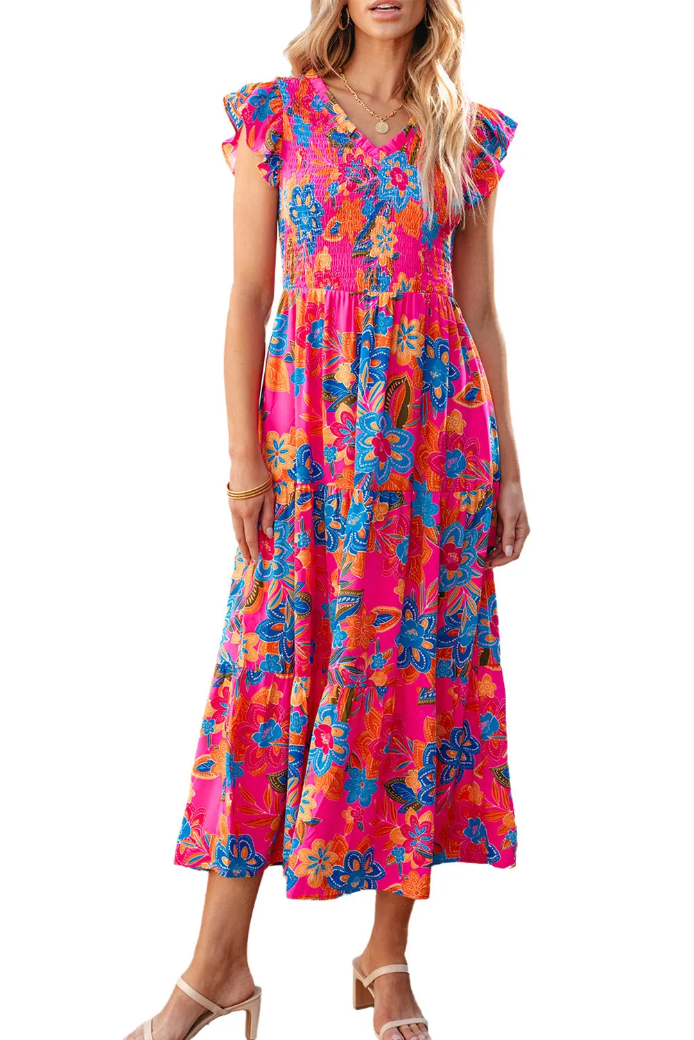 Boho Floral Ruffle Tiered Long Dress