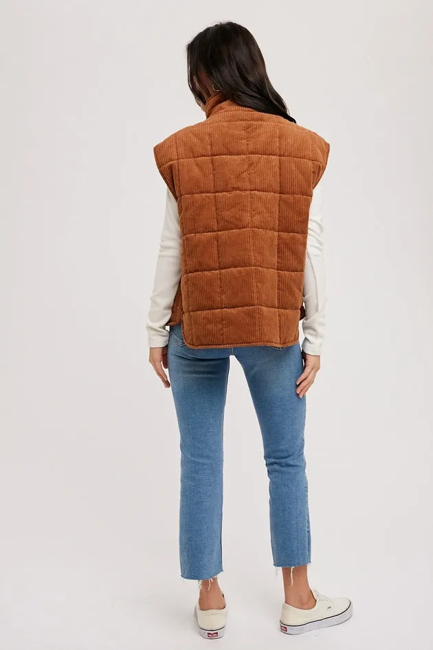 CAMEL CORDUROY QUILTED PUFFER ZIP-UP VEST WITH POCKETS