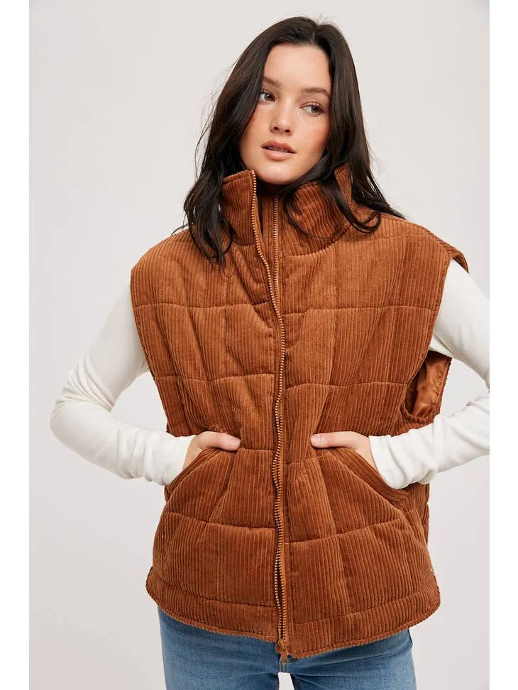 CAMEL CORDUROY QUILTED PUFFER ZIP-UP VEST WITH POCKETS
