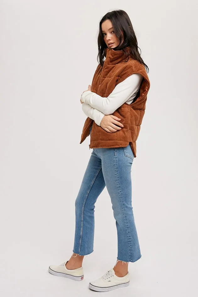 CAMEL CORDUROY QUILTED PUFFER ZIP-UP VEST WITH POCKETS
