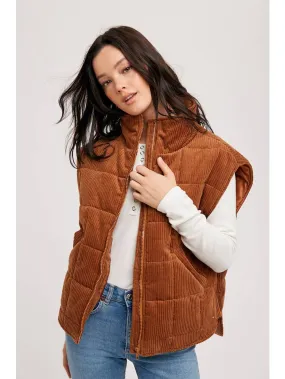 CAMEL CORDUROY QUILTED PUFFER ZIP-UP VEST WITH POCKETS