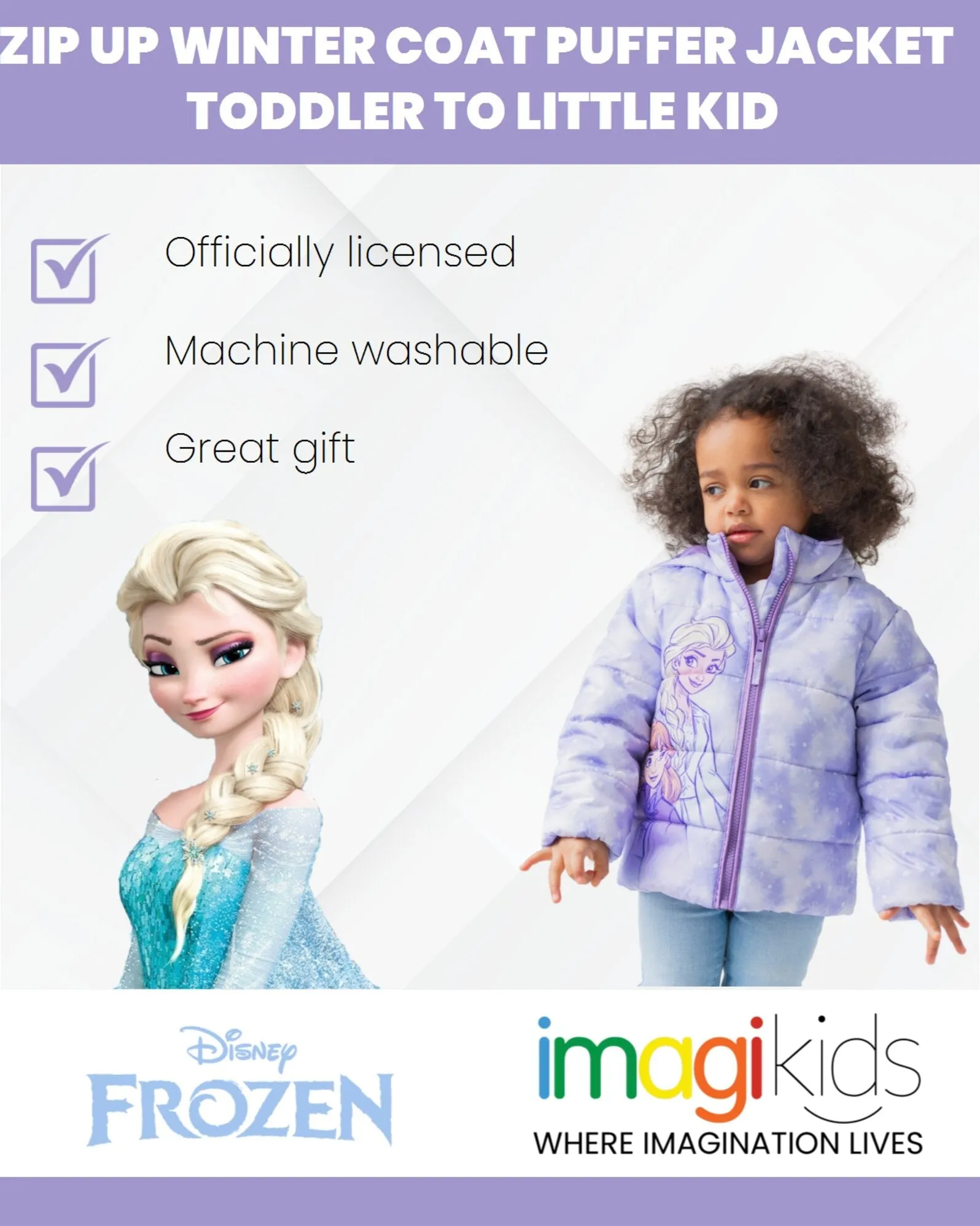 Disney Frozen Girls Puffer Jacket - Insulated Winter Zip-Up Coat