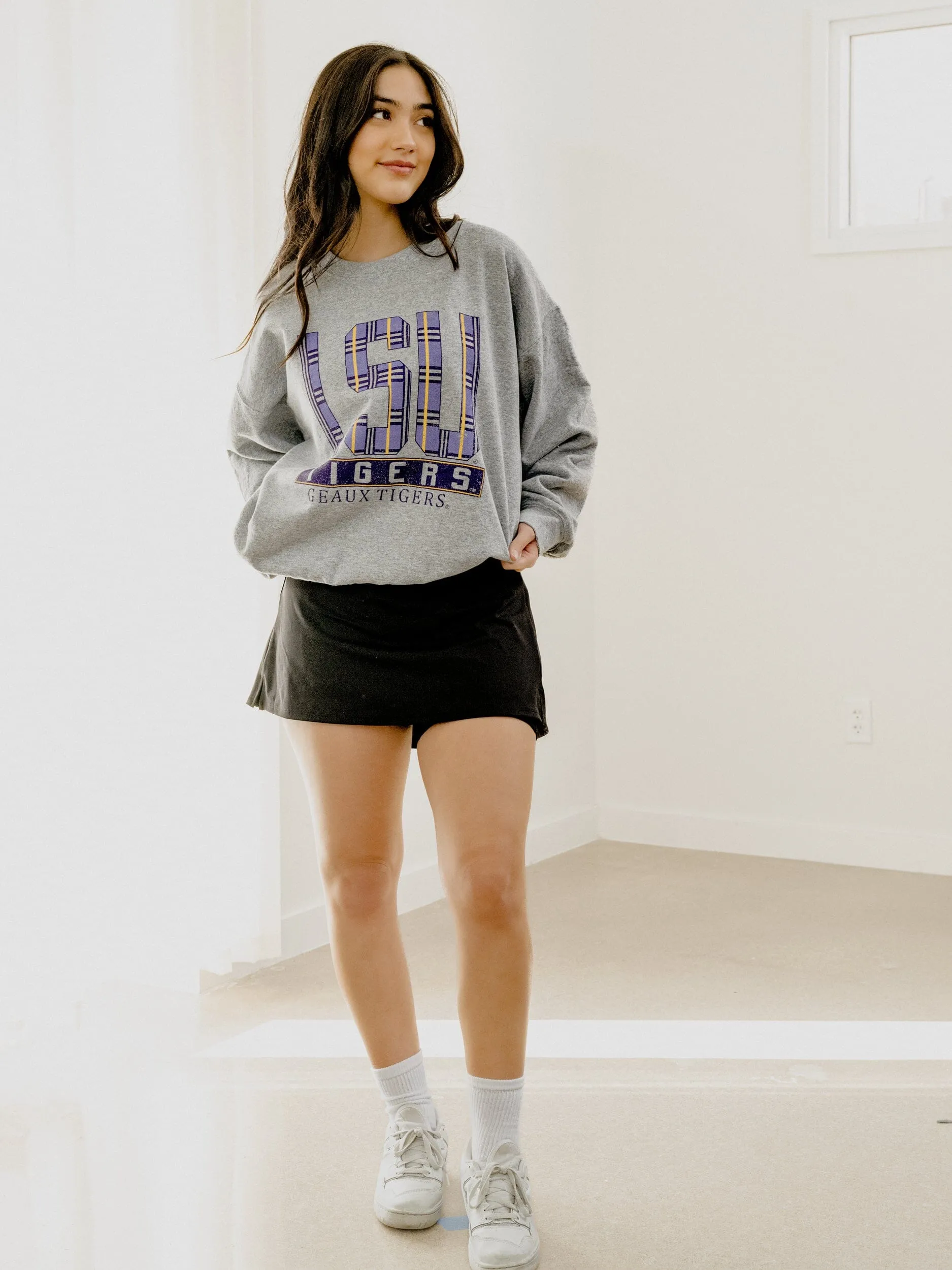 LSU Tigers Preppy Plaid Gray Thrifted Sweatshirt