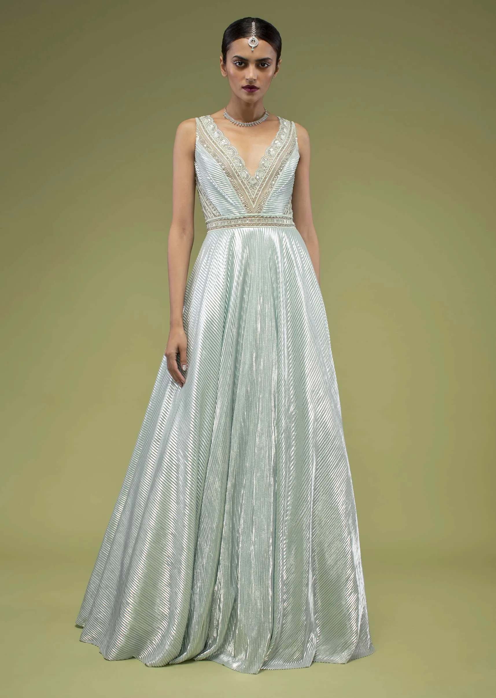 Metallic Mint Green Gown In Shimmer Crush With A Sheer Cut Dana Embellished Bodice