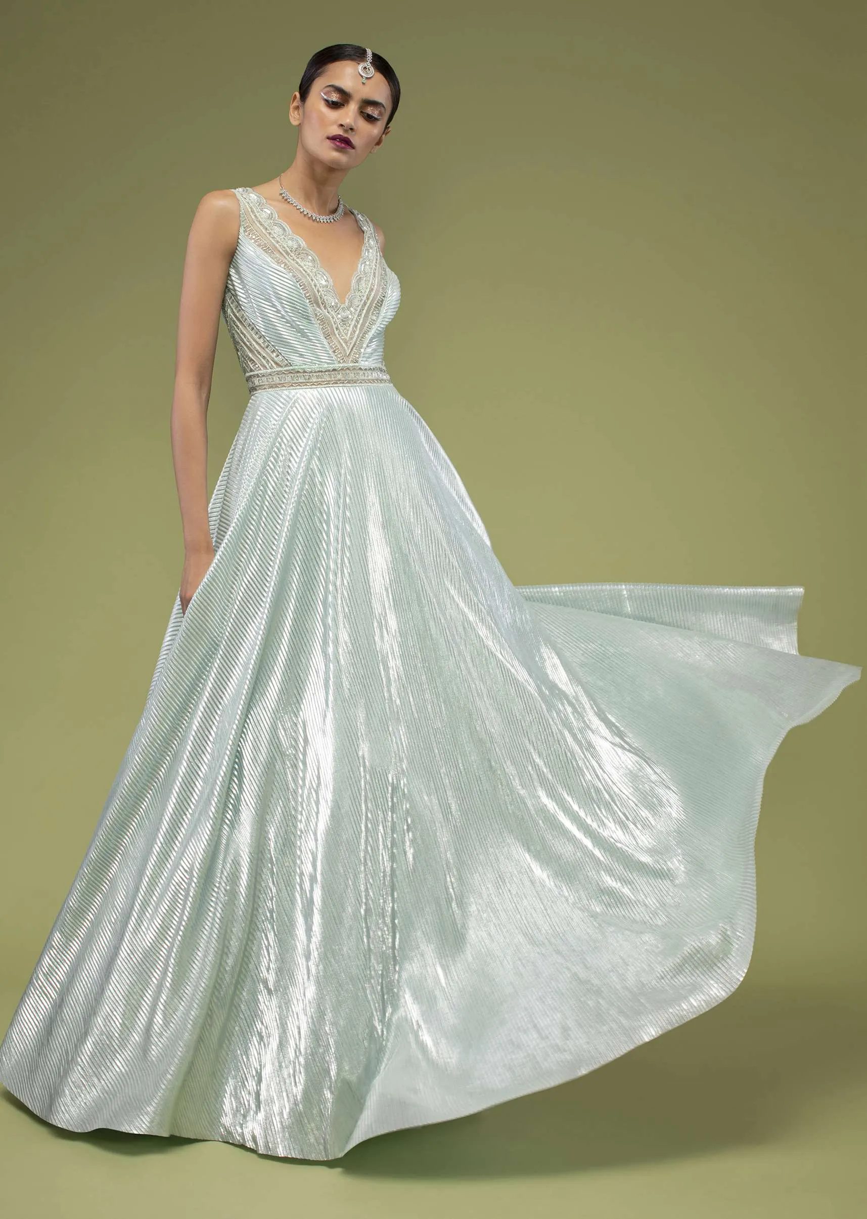 Metallic Mint Green Gown In Shimmer Crush With A Sheer Cut Dana Embellished Bodice