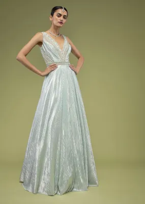 Metallic Mint Green Gown In Shimmer Crush With A Sheer Cut Dana Embellished Bodice