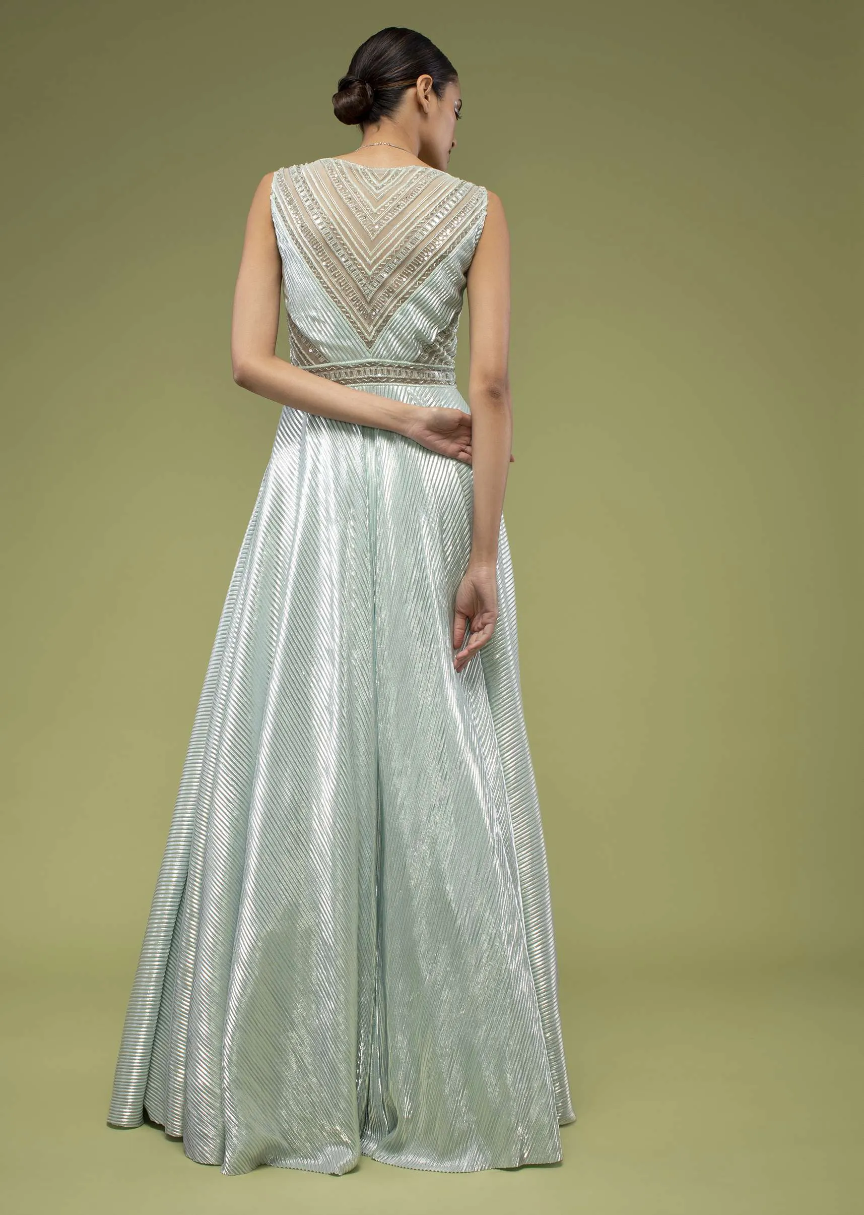 Metallic Mint Green Gown In Shimmer Crush With A Sheer Cut Dana Embellished Bodice