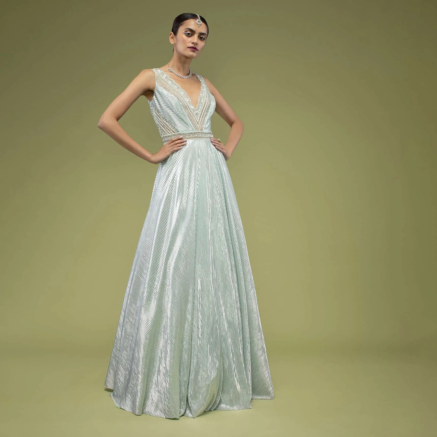 Metallic Mint Green Gown In Shimmer Crush With A Sheer Cut Dana Embellished Bodice