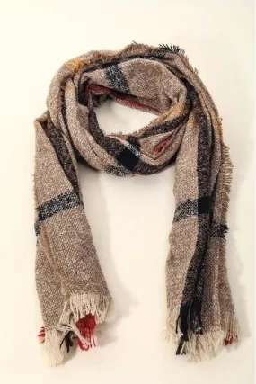 Plaid Frayed Hem Scarf- Brown