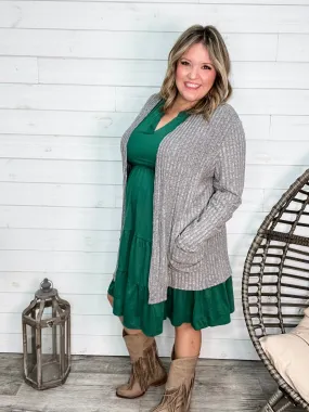 "Here We Go" Ribbed Cardigan with Pockets (Gray)