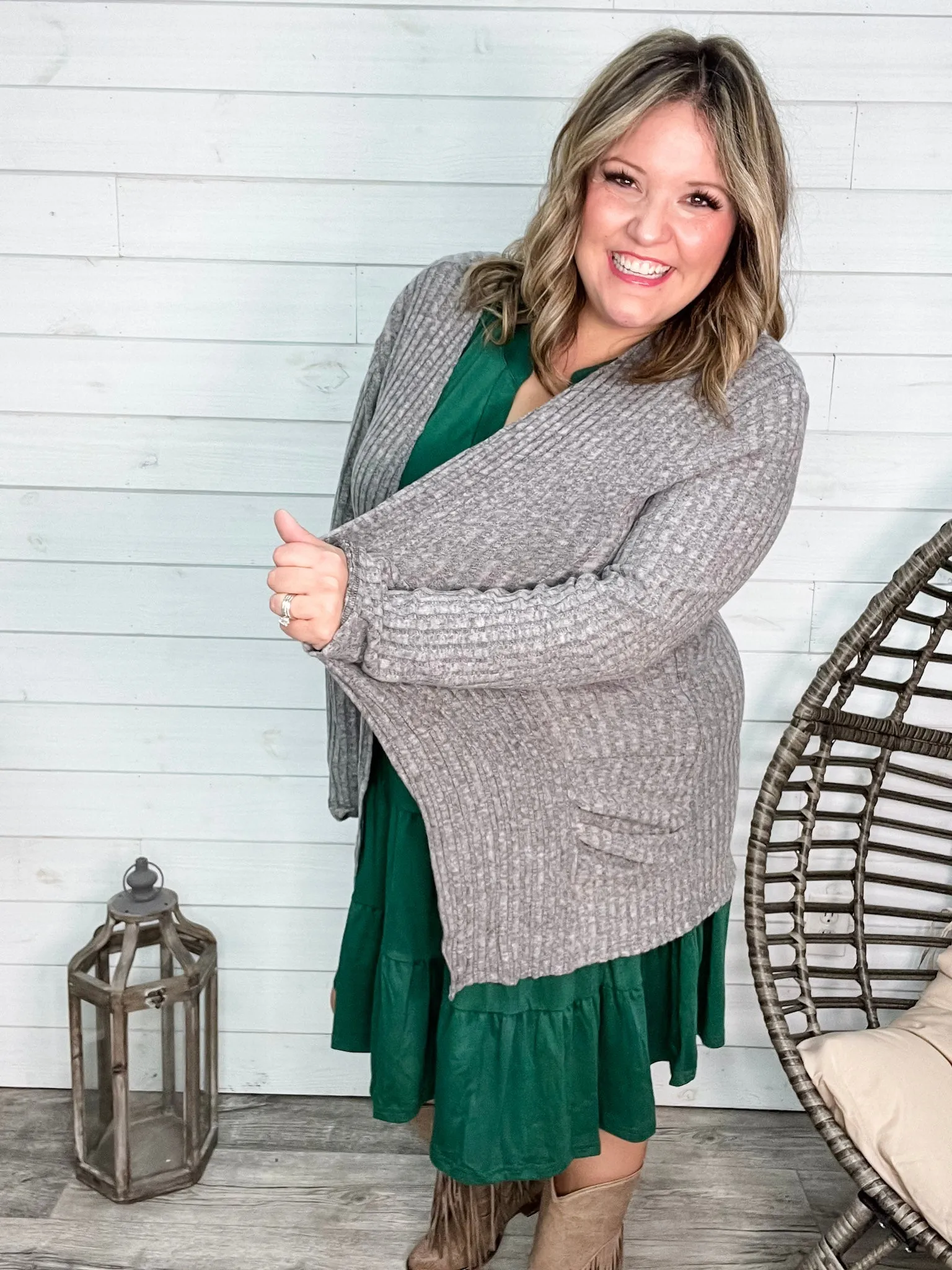 "Here We Go" Ribbed Cardigan with Pockets (Gray)