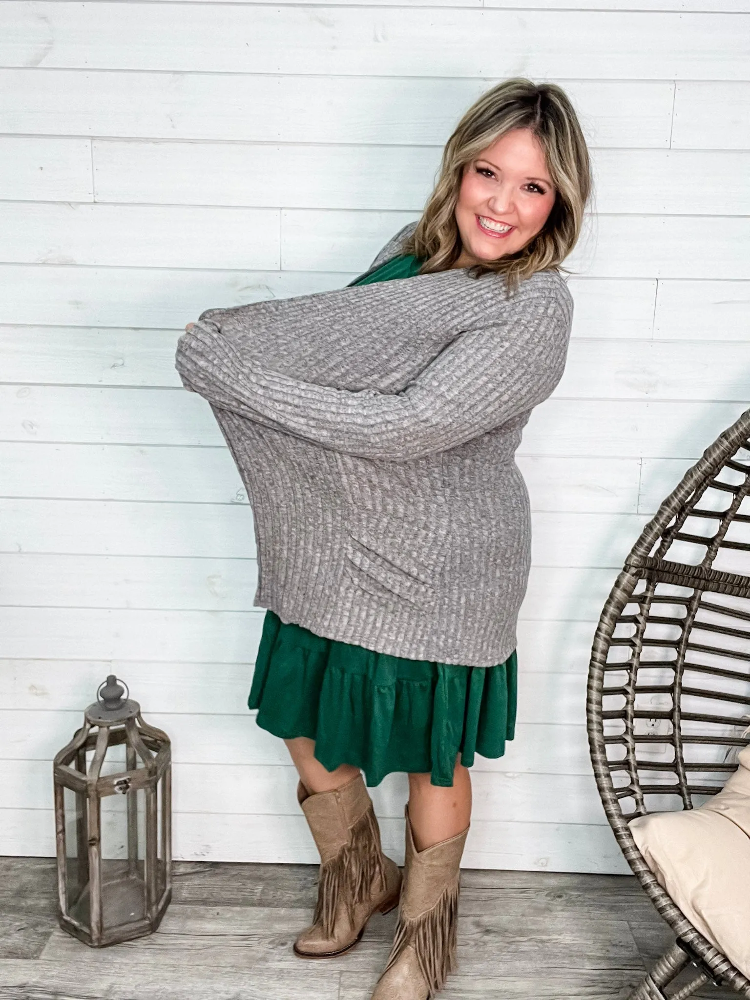 "Here We Go" Ribbed Cardigan with Pockets (Gray)