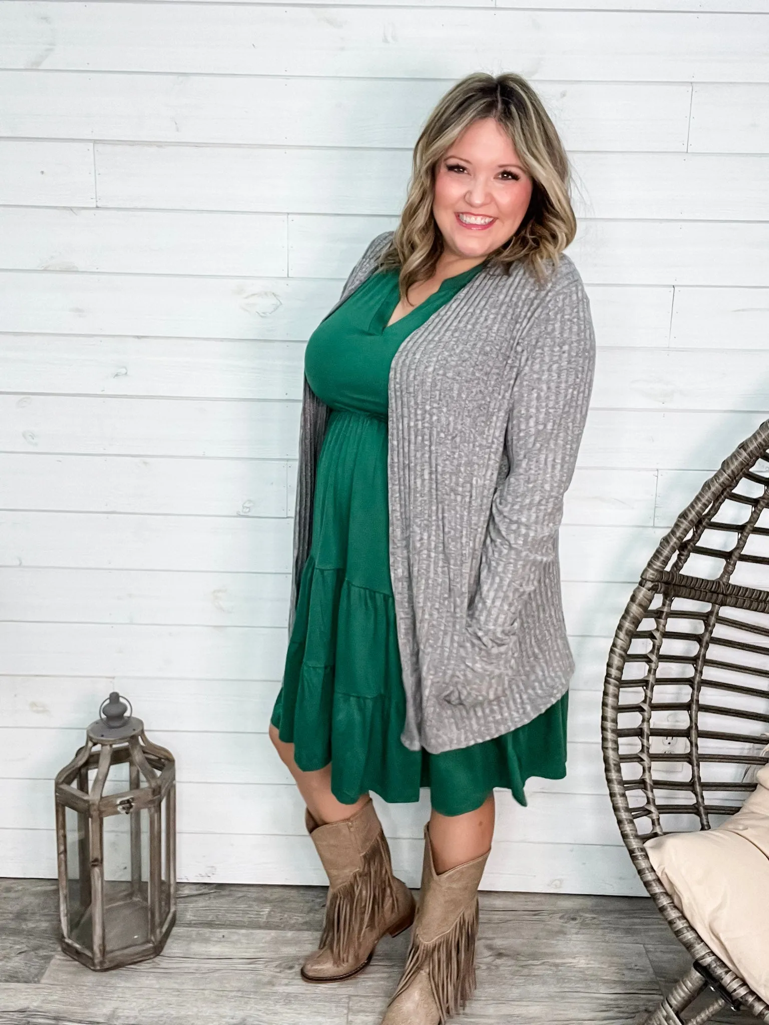 "Here We Go" Ribbed Cardigan with Pockets (Gray)