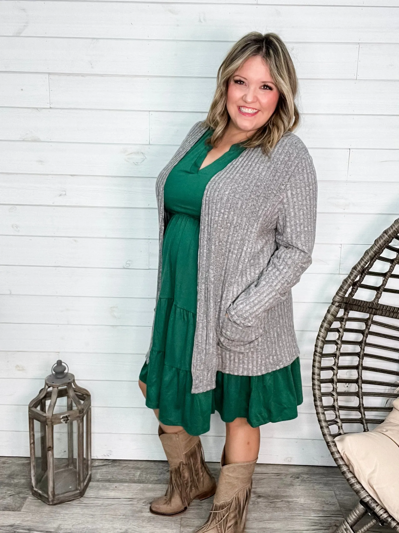 "Here We Go" Ribbed Cardigan with Pockets (Gray)