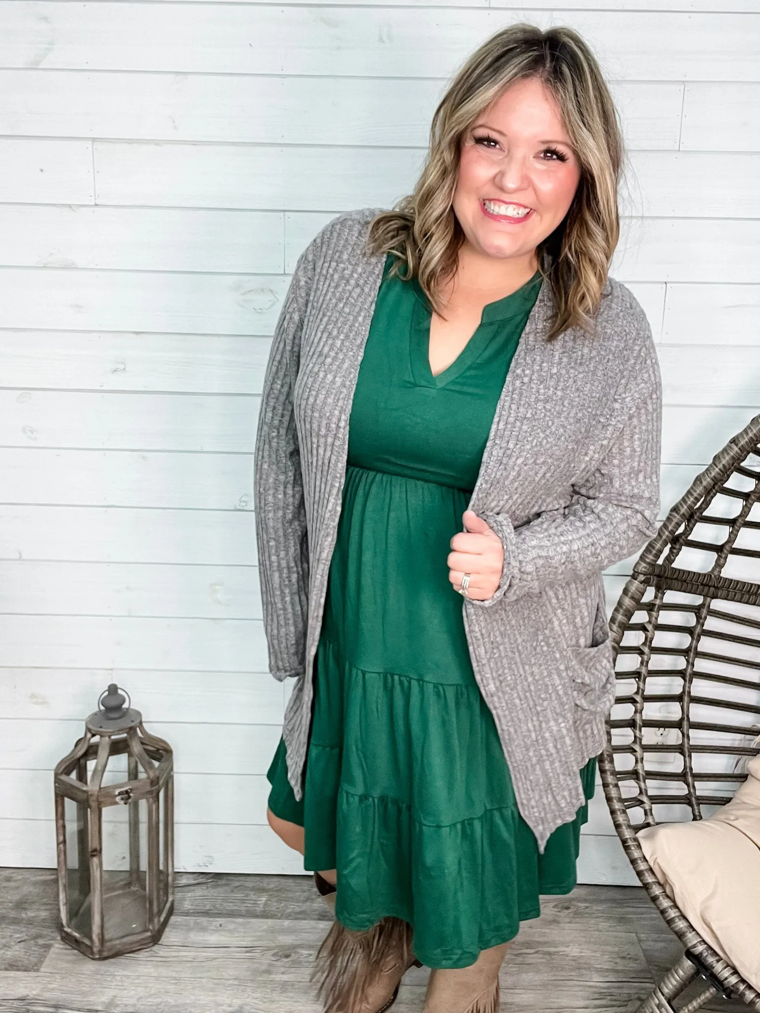 "Here We Go" Ribbed Cardigan with Pockets (Gray)