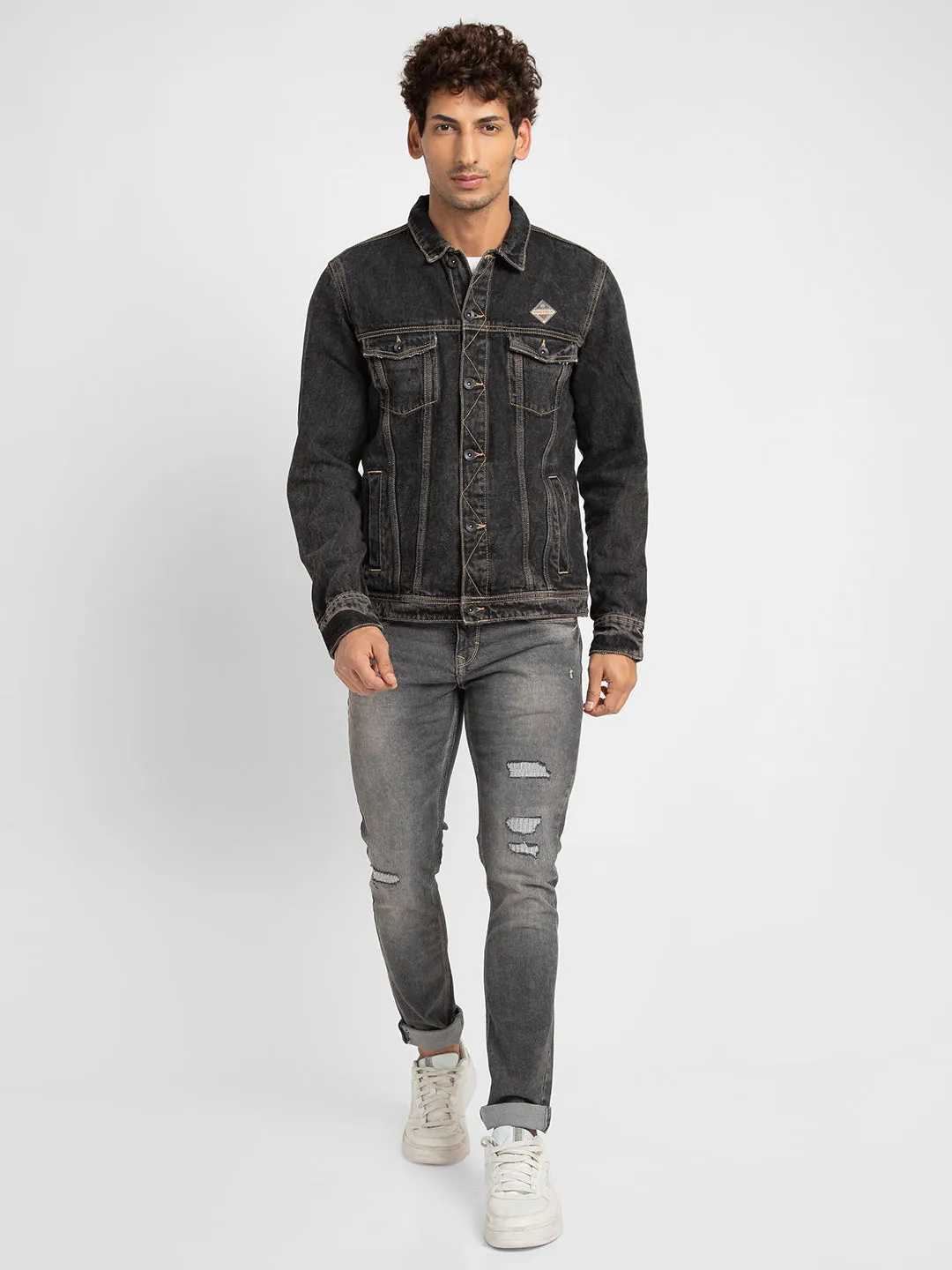 Spykar Men Black Cotton Slim Fit Denim Jacket