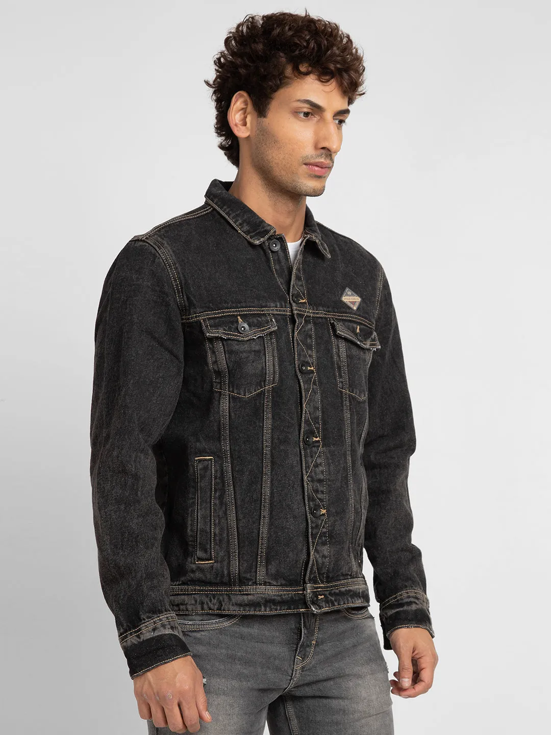 Spykar Men Black Cotton Slim Fit Denim Jacket