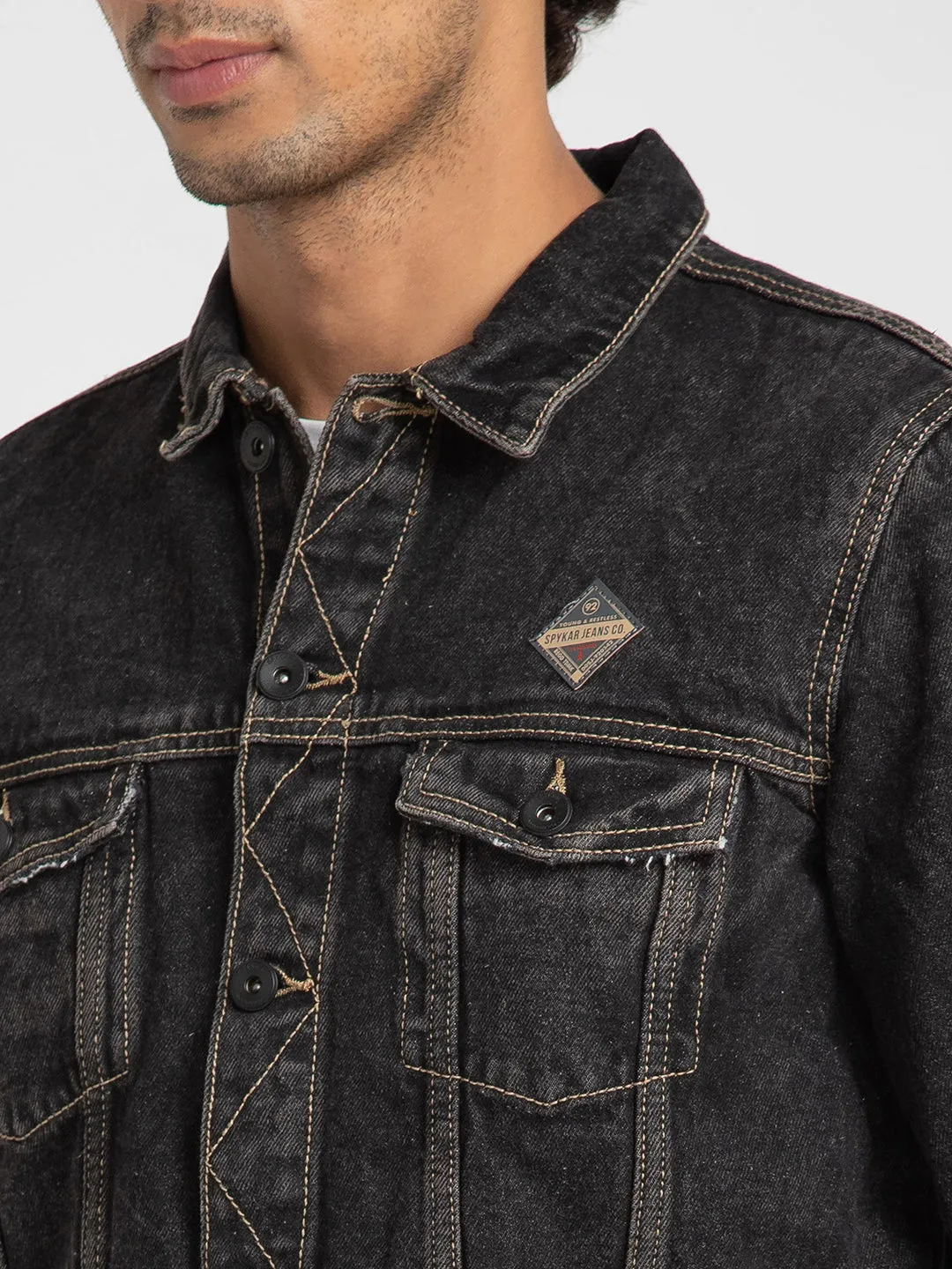 Spykar Men Black Cotton Slim Fit Denim Jacket