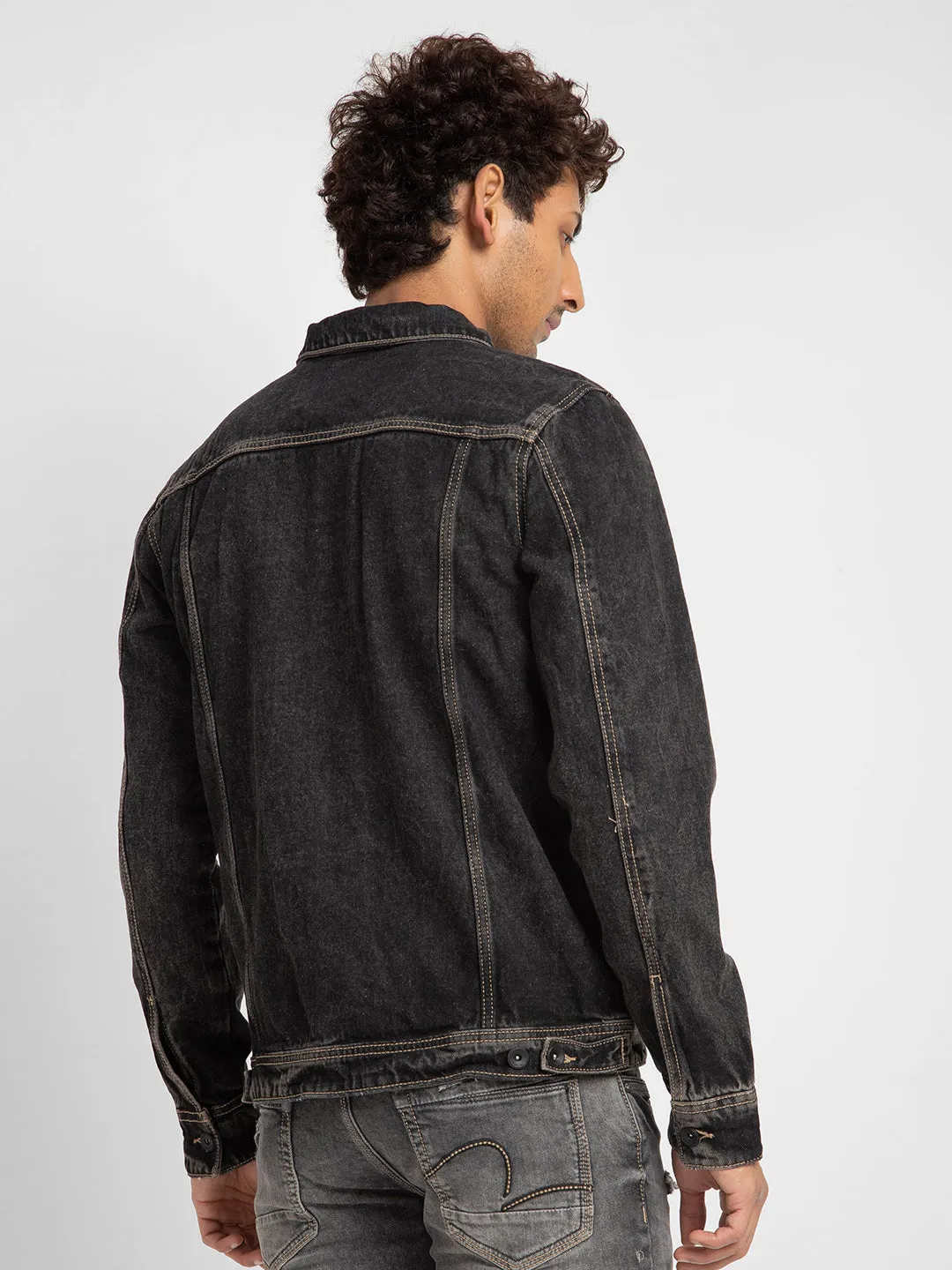 Spykar Men Black Cotton Slim Fit Denim Jacket
