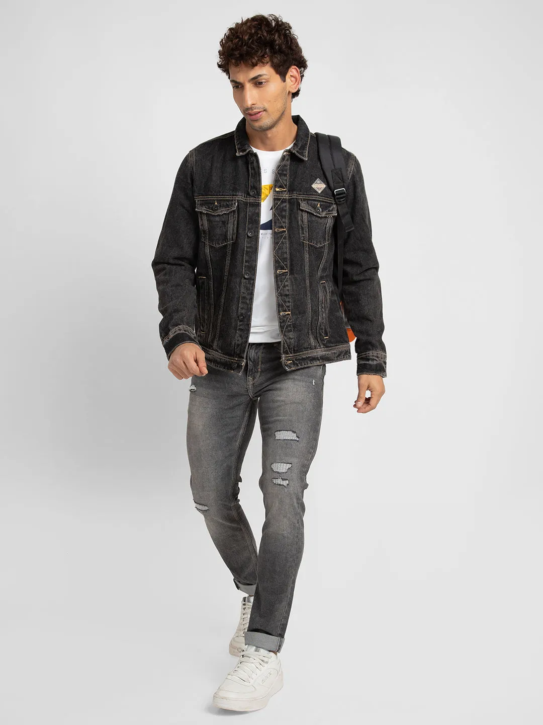Spykar Men Black Cotton Slim Fit Denim Jacket