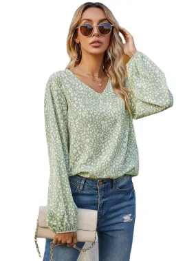 Women's Casual Print Tops Blouse V Neck Long Sleeve Shirt