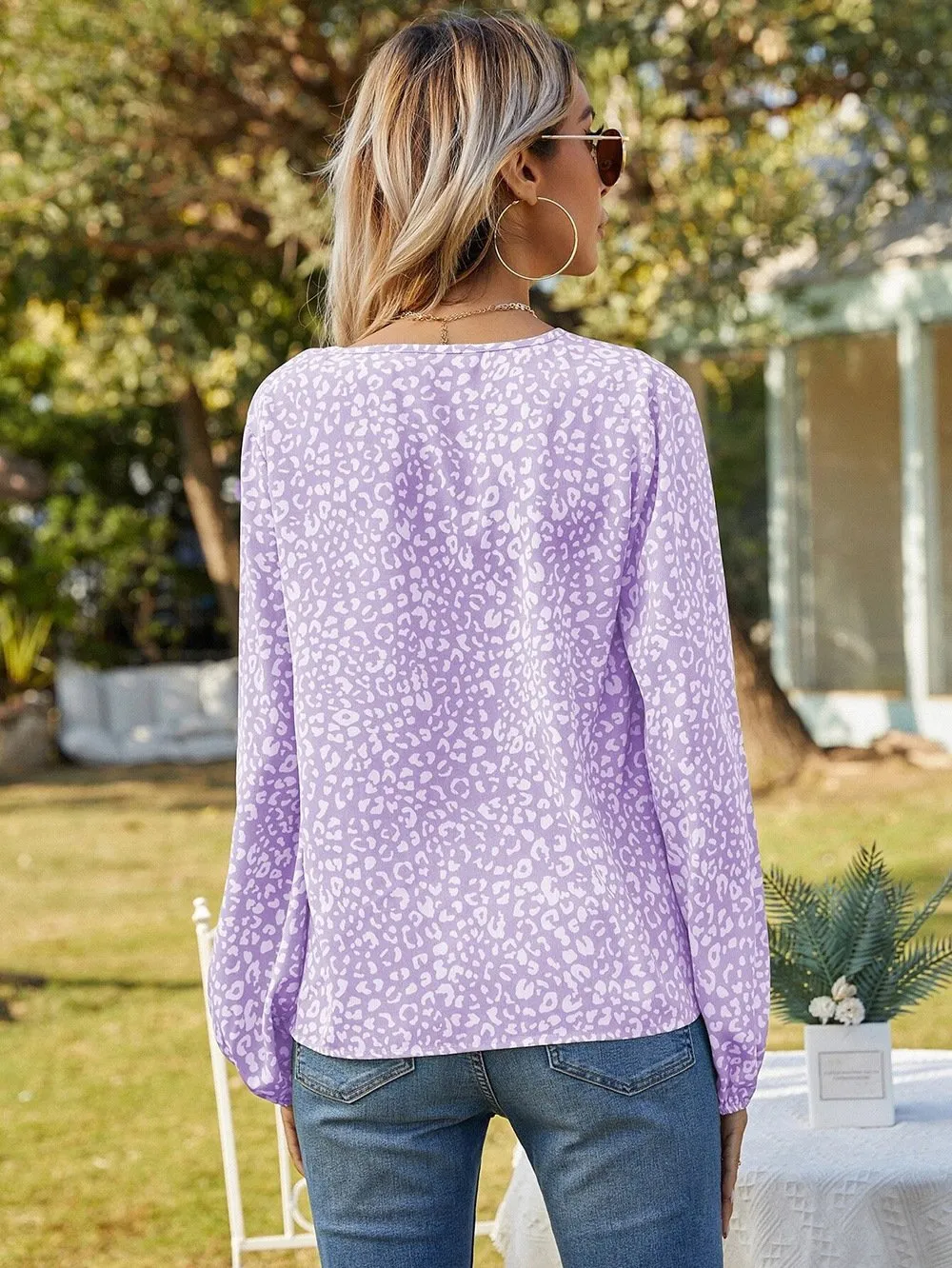 Women's Casual Print Tops Blouse V Neck Long Sleeve Shirt