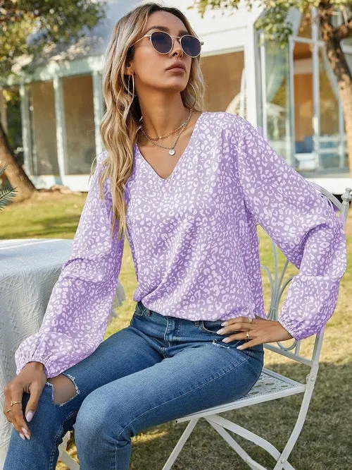 Women's Casual Print Tops Blouse V Neck Long Sleeve Shirt