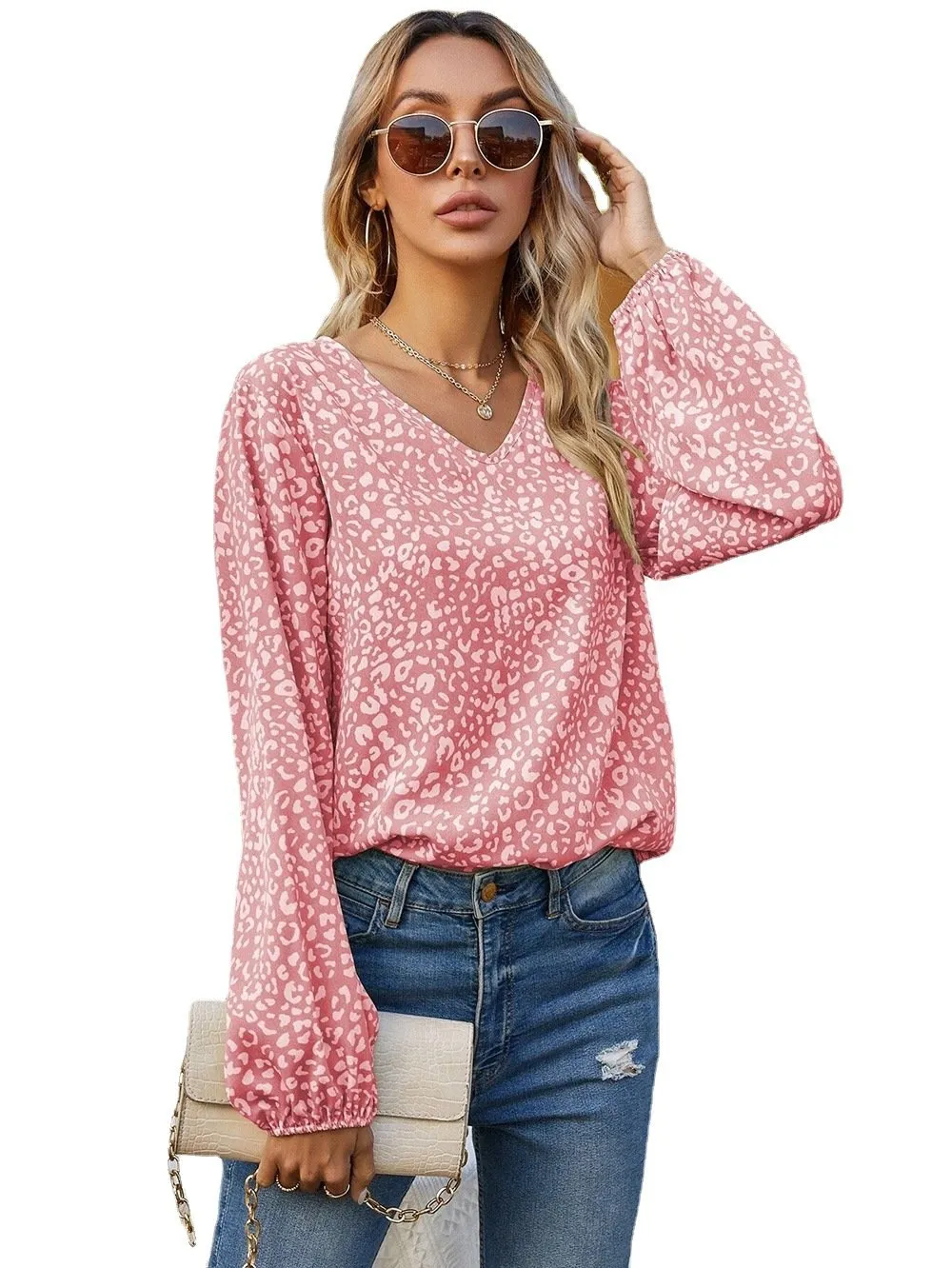 Women's Casual Print Tops Blouse V Neck Long Sleeve Shirt