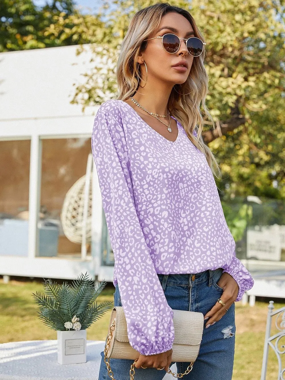 Women's Casual Print Tops Blouse V Neck Long Sleeve Shirt