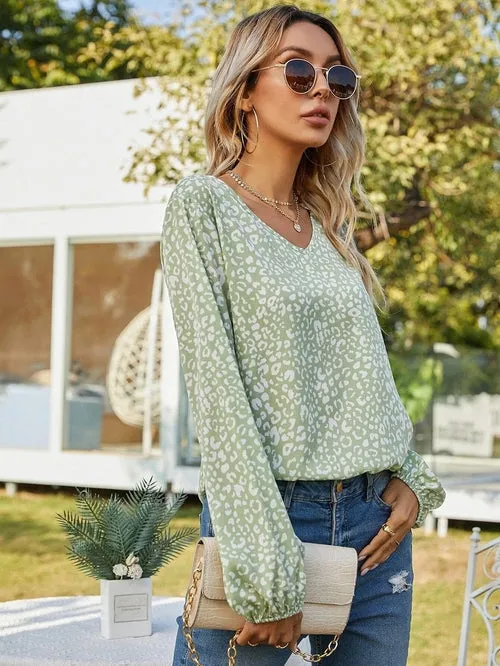 Women's Casual Print Tops Blouse V Neck Long Sleeve Shirt